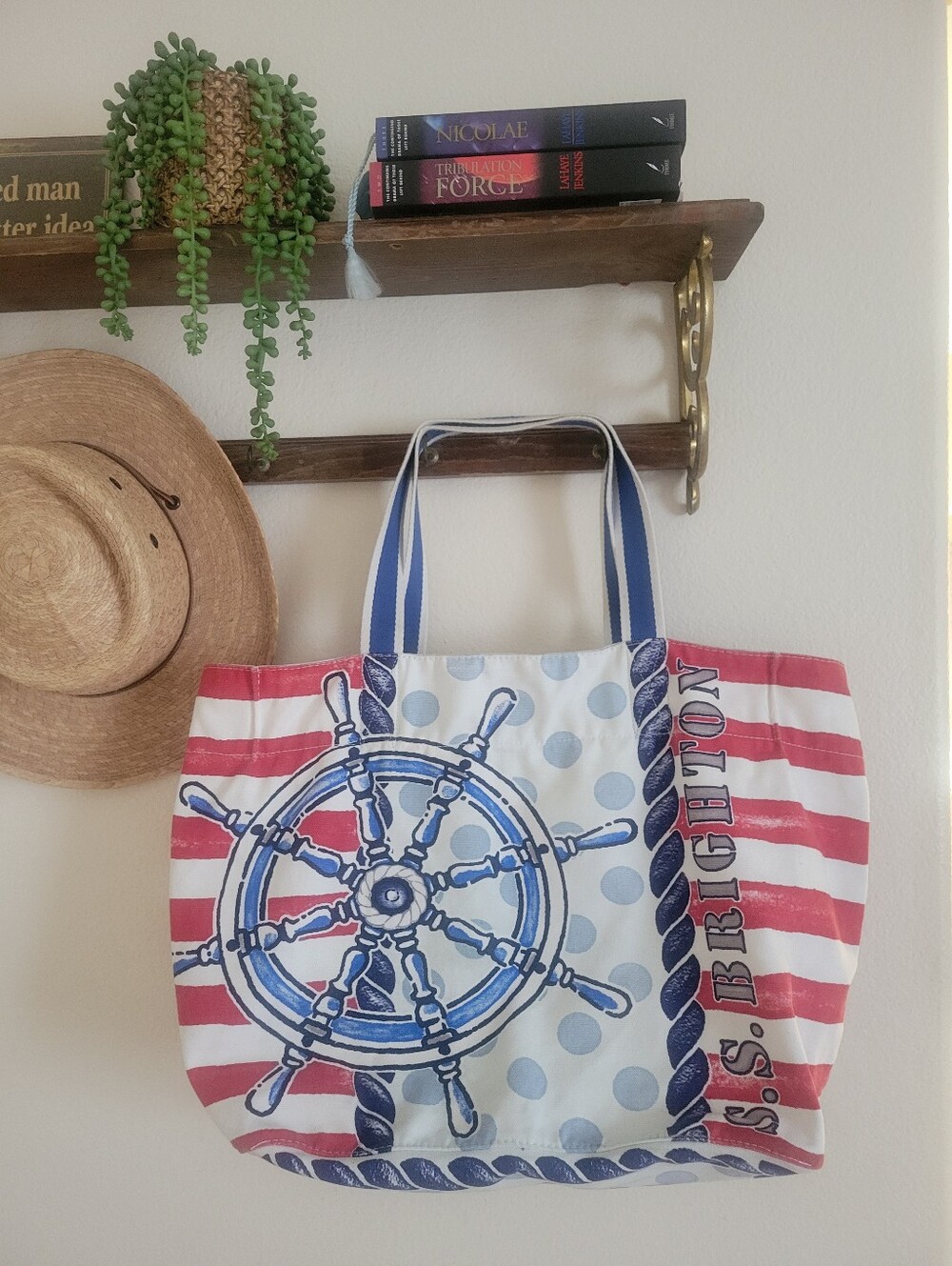 SS Brighton Anchor Red, Blue & White Nautical Wheel Tote Cruise Beach Vaca Bag